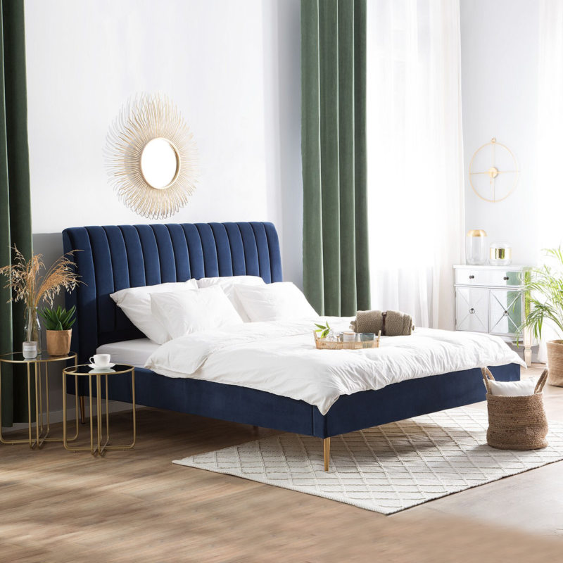 Blue Channel Tufted Velvet Bed