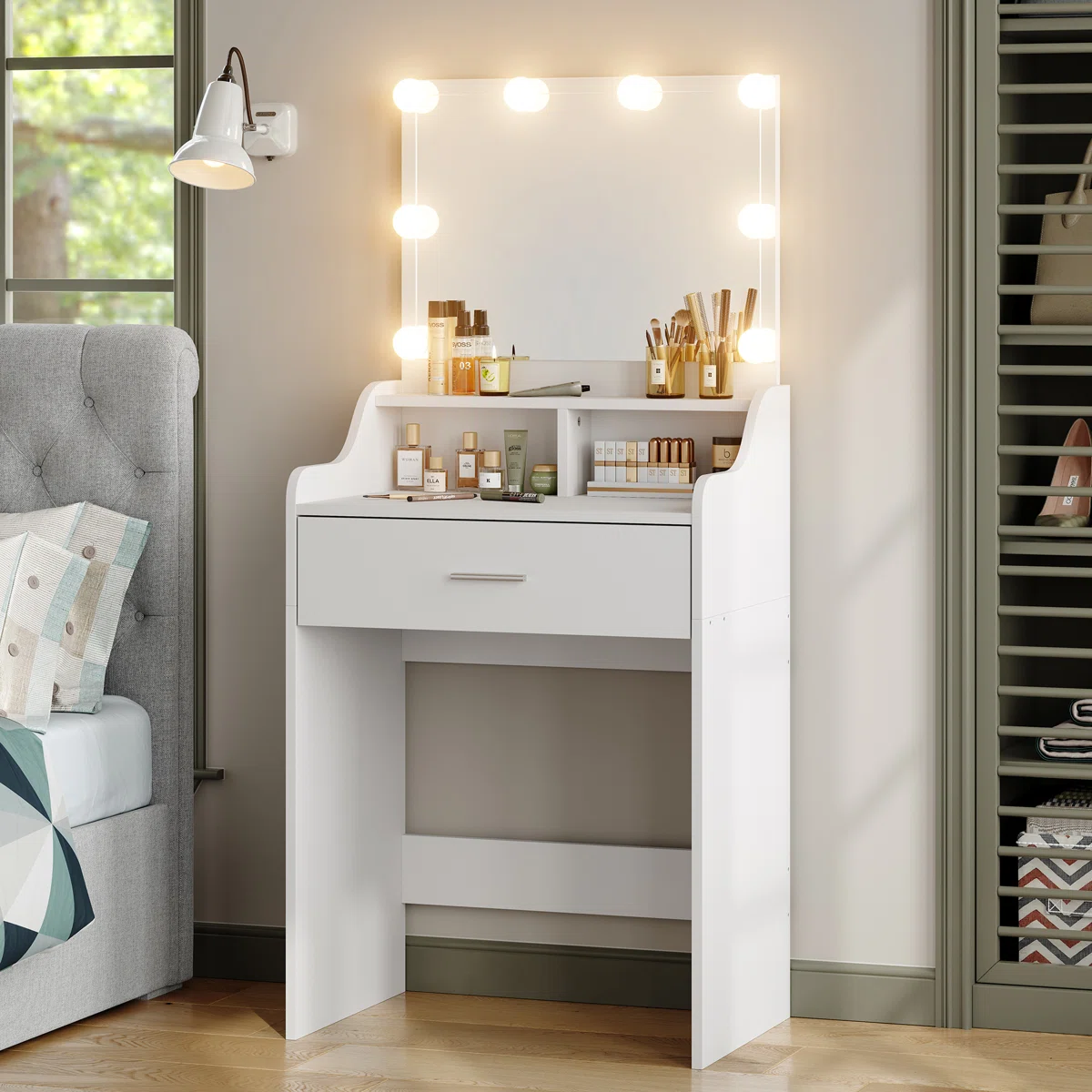 Small Makeup Vanity Desk with LED Lighted Mirror for Bedroom (1) Small Makeup Vanity Desk with LED Lighted Mirror for Bedroom
