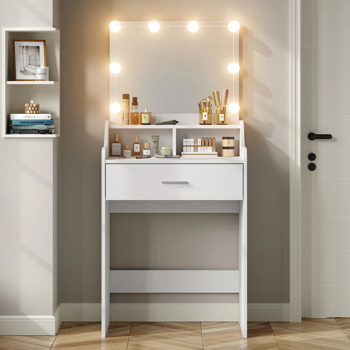 Small Makeup Vanity Desk with LED Lighted Mirror for Bedroom (4) Small Makeup Vanity Desk with LED Lighted Mirror for Bedroom